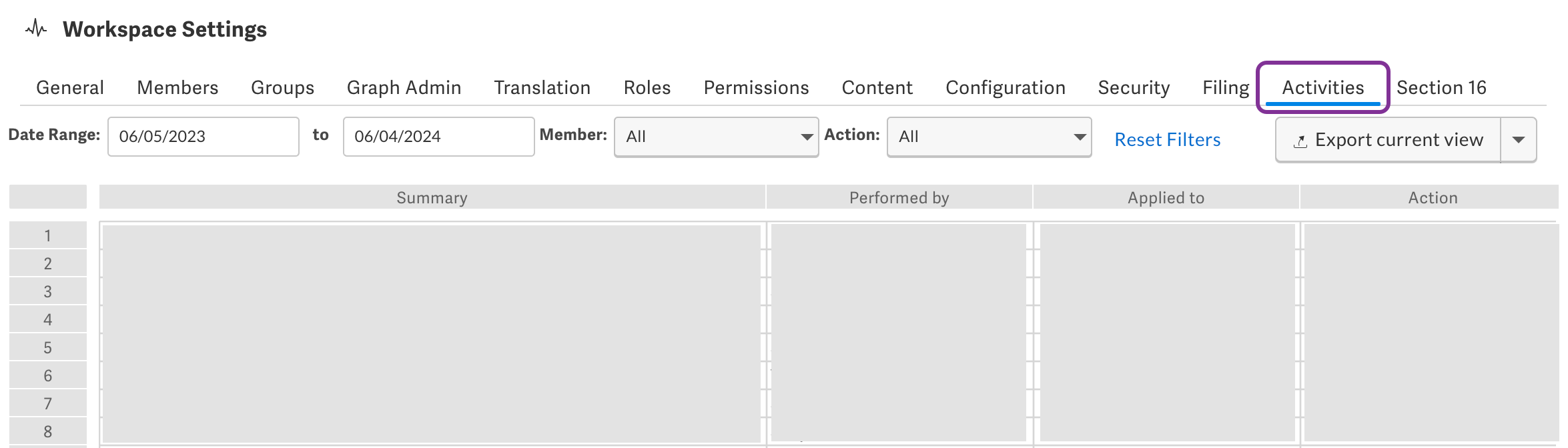 Workiva Admin Audit Log — workspace activity tracking with date and member filters