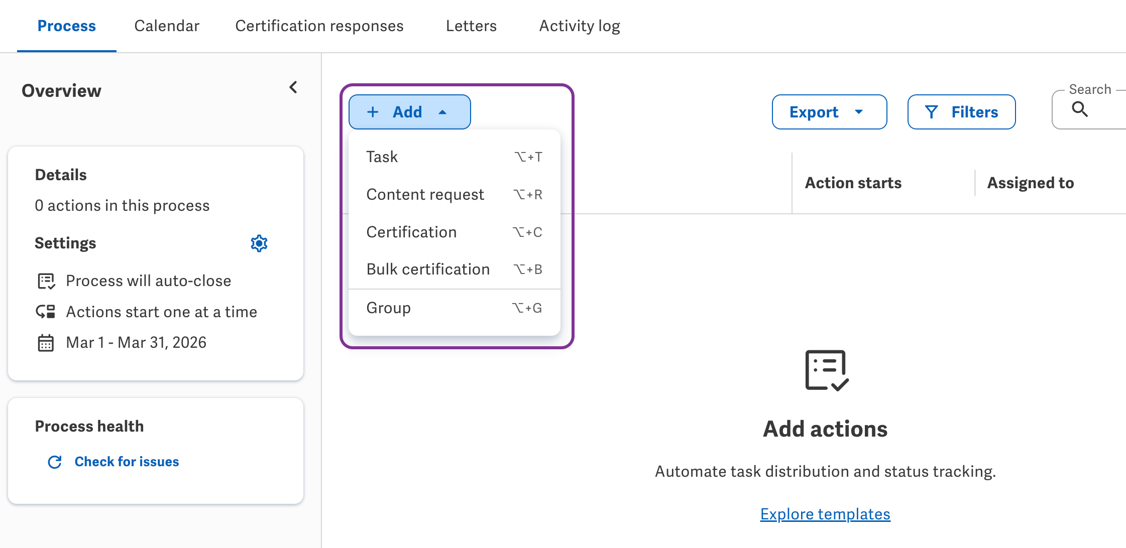 Workiva Process Builder — workflow engine with certification task types