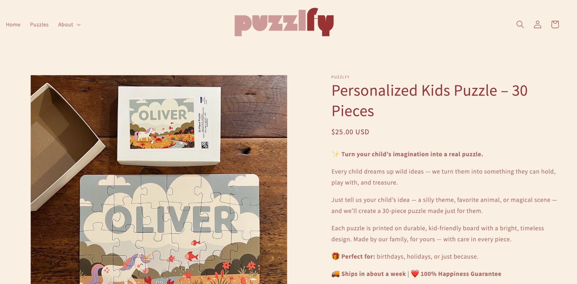 Personalized Puzzlfy puzzle showing Oliver's name with a unicorn illustration