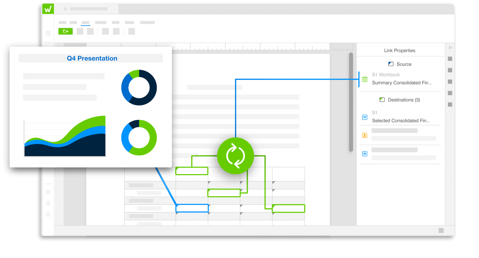 Workiva Spreadsheets — linked data across documents with live connection visualization