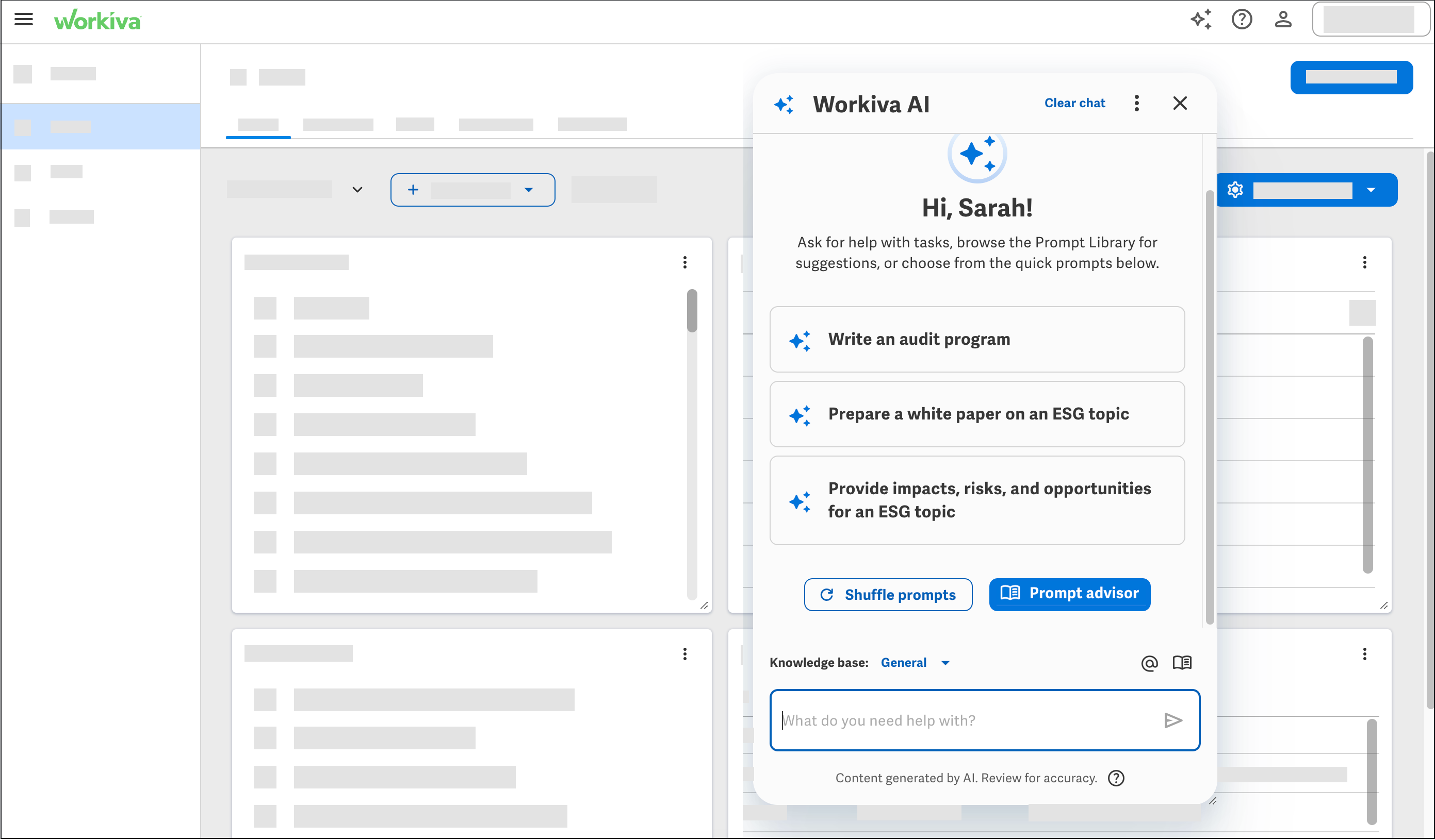 Workiva AI interface showing the AI assistant panel with prompt suggestions